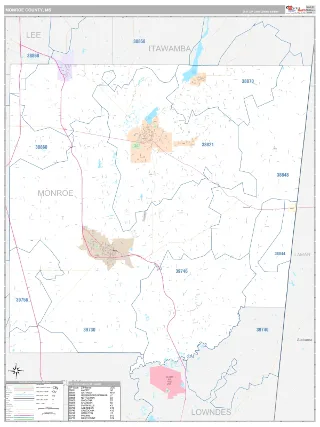 Monroe County, MS Classic style ZIP Code wall map