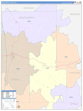 Montgomery County, MS ColorCast style ZIP Code wall map