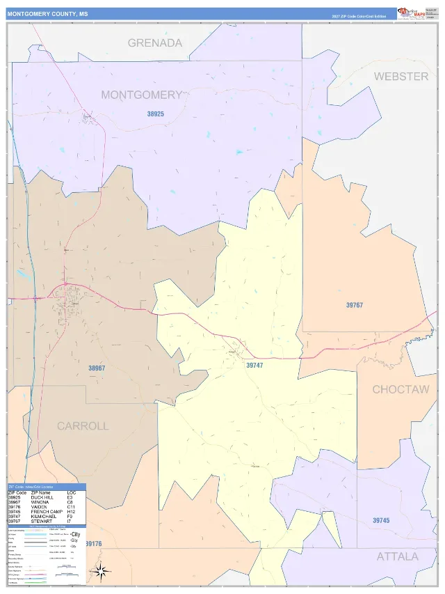 Montgomery County, MS ZIP Code Wall Map, ColorCast style