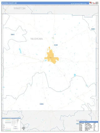 Neshoba County, MS Business Reference style ZIP Code wall map