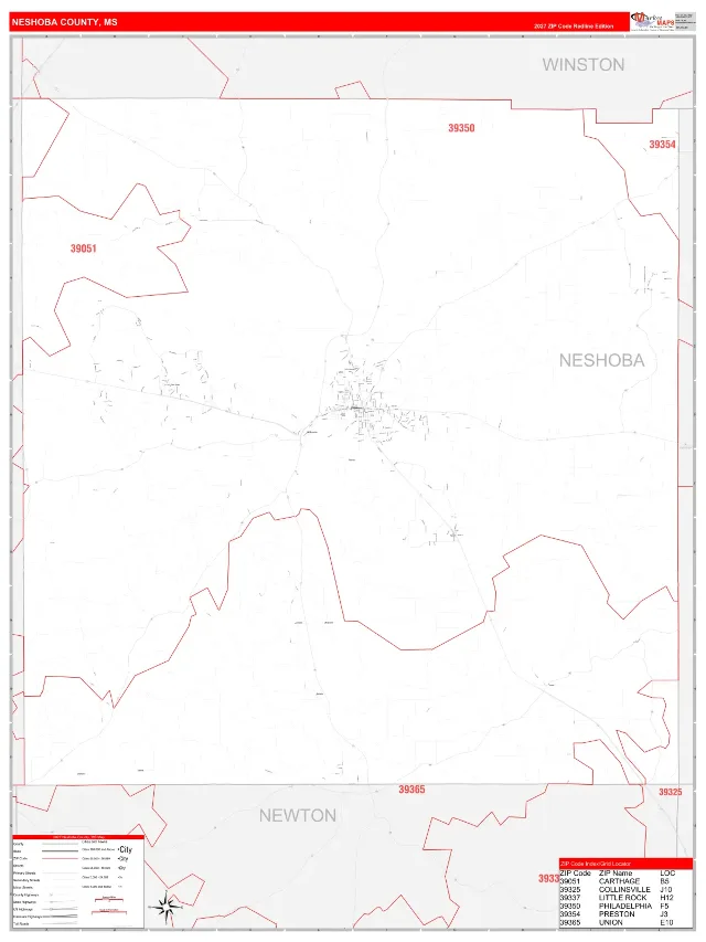 Neshoba County, MS ZIP Code Wall Map, RedLine style