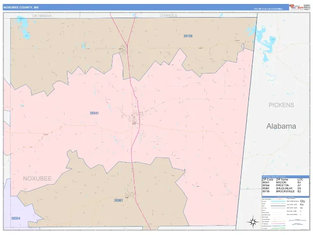 Noxubee County, MS ZIP Code Wall Map, ColorCast style
