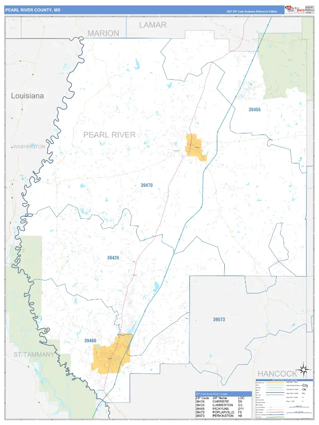 Pearl River County, MS ZIP Code Wall Map, Business Reference style