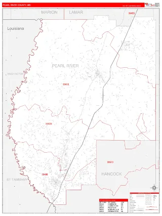 Pearl River County, MS RedLine style ZIP Code wall map