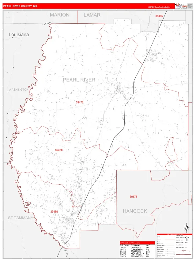 Pearl River County, MS ZIP Code Wall Map, RedLine style