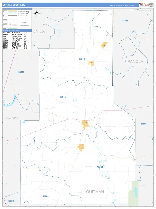 Quitman County, MS ZIP Code Wall Map, Business Reference style