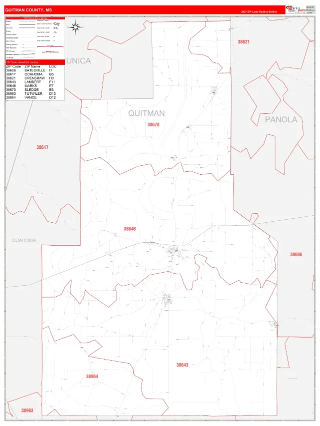 Quitman County, MS ZIP Code Wall Map, RedLine style