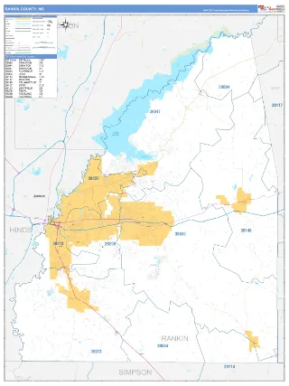 Rankin County, MS Business Reference style ZIP Code wall map