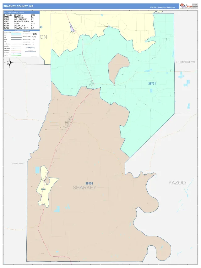 Sharkey County, MS ZIP Code Wall Map, ColorCast style