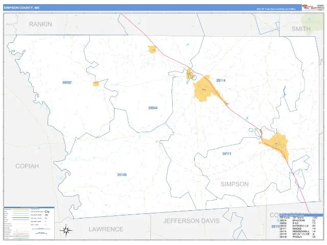 Simpson County, MS ZIP Code Wall Map, Business Reference style