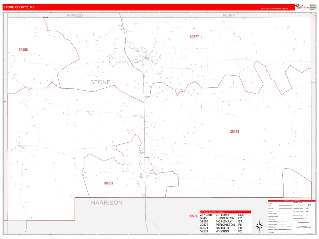 Stone County, MS ZIP Code Wall Map, RedLine style