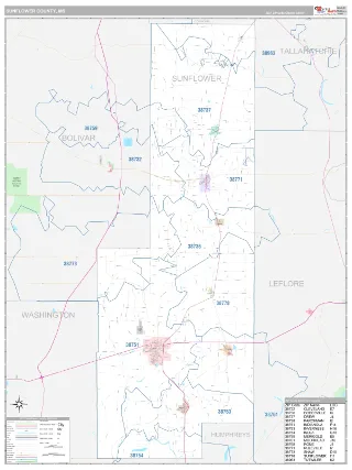 Sunflower County, MS Classic style ZIP Code wall map