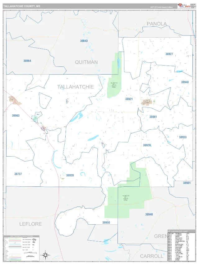 Tallahatchie County, MS ZIP Code Wall Map, Classic style