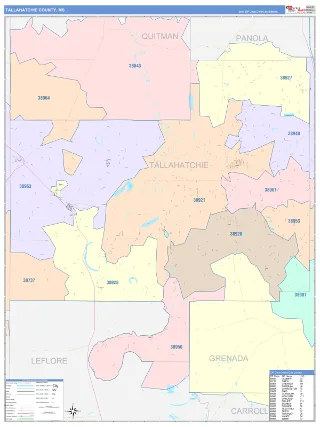 Tallahatchie County, MS ColorCast style ZIP Code wall map