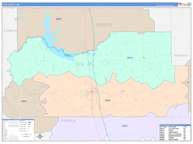 Tate County, MS ZIP Code Wall Map, ColorCast style