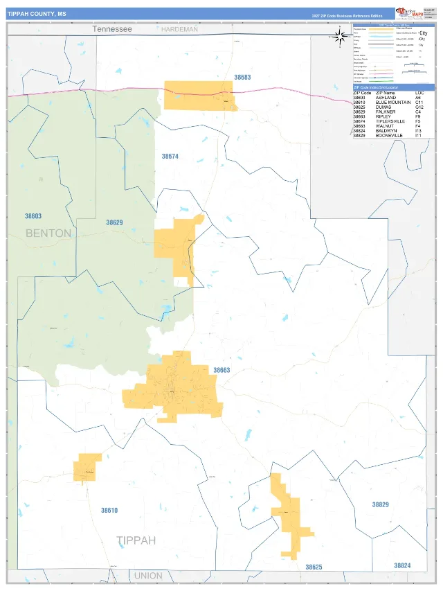 Tippah County, MS ZIP Code Wall Map, Business Reference style