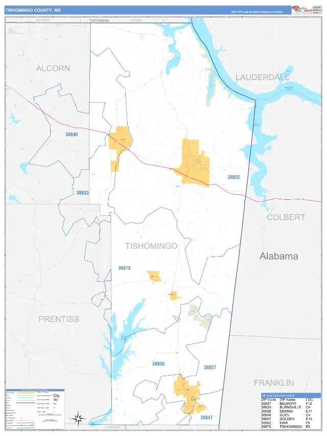 Tishomingo County, MS ZIP Code Wall Map, Business Reference style
