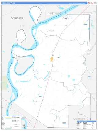 Tunica County, MS Business Reference style ZIP Code wall map