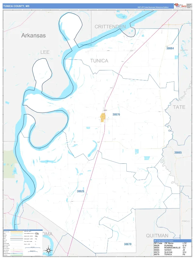 Tunica County, MS ZIP Code Wall Map, Business Reference style