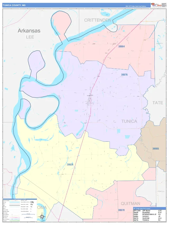 Tunica County, MS ZIP Code Wall Map, ColorCast style