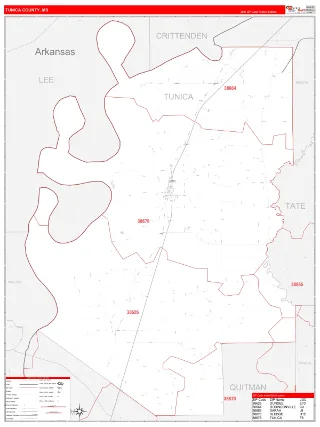 Tunica County, MS RedLine style ZIP Code wall map