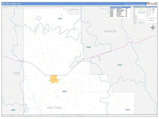 Walthall County, MS ZIP Code Wall Map, Business Reference style