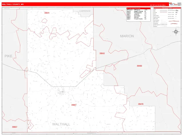 Walthall County, MS ZIP Code Wall Map, RedLine style
