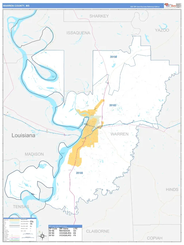 Warren County, MS ZIP Code Wall Map, Business Reference style