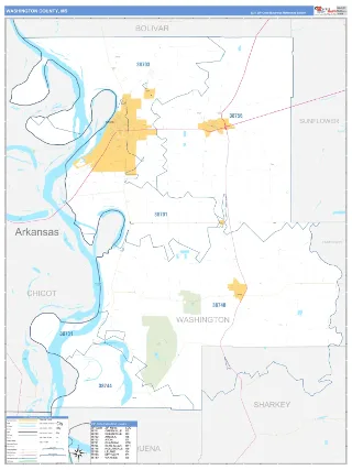 Washington County, MS Business Reference style ZIP Code wall map