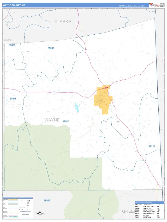 Wayne County, MS ZIP Code Wall Map, Business Reference style
