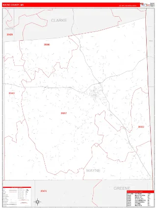 Wayne County, MS RedLine style ZIP Code wall map
