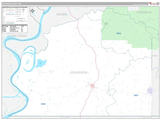 Wilkinson County, MS ZIP Code Wall Map, Classic style