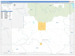 Winston County, MS Business Reference style ZIP Code wall map