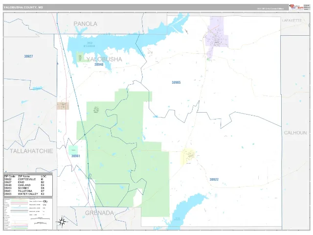 Yalobusha County, MS ZIP Code Wall Map, Classic style