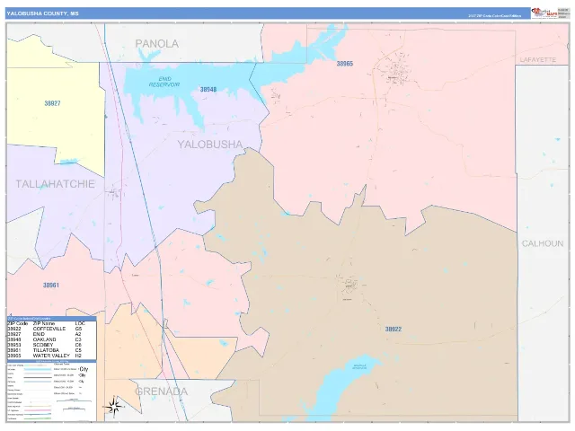 Yalobusha County, MS ZIP Code Wall Map, ColorCast style