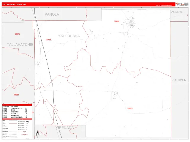 Yalobusha County, MS ZIP Code Wall Map, RedLine style