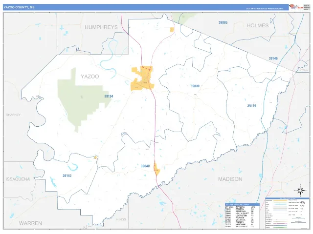Yazoo County, MS ZIP Code Wall Map, Business Reference style