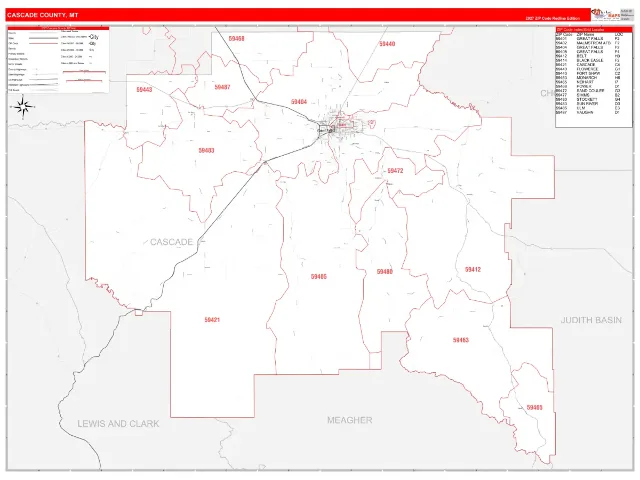 Cascade County, MT ZIP Code Wall Map, RedLine style