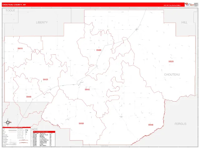 Chouteau County, MT ZIP Code Wall Map, RedLine style