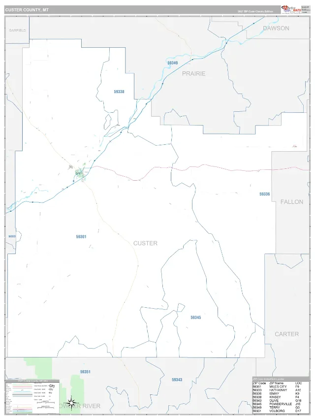 Custer County, MT ZIP Code Wall Map, Classic style