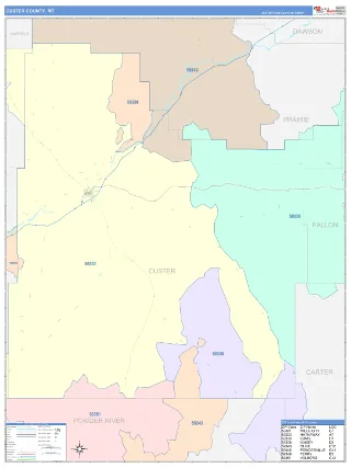 Custer County, MT ColorCast style ZIP Code wall map