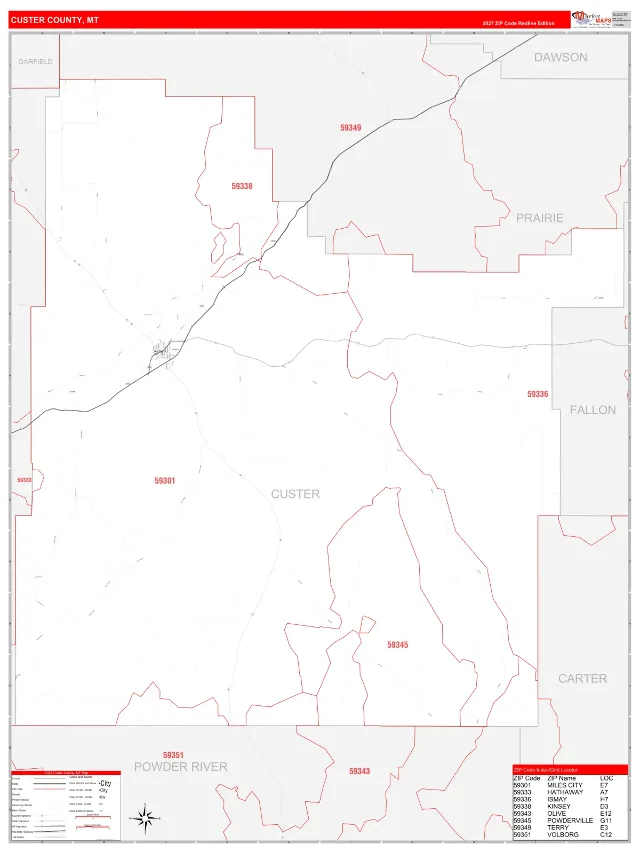 Custer County, MT ZIP Code Wall Map, RedLine style