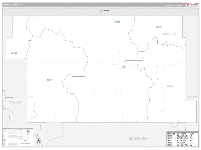 Daniels County, MT ZIP Code Wall Map, Classic style