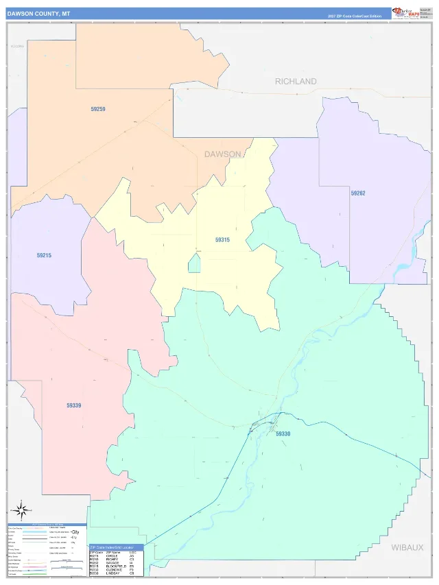 Dawson County, MT ZIP Code Wall Map, ColorCast style