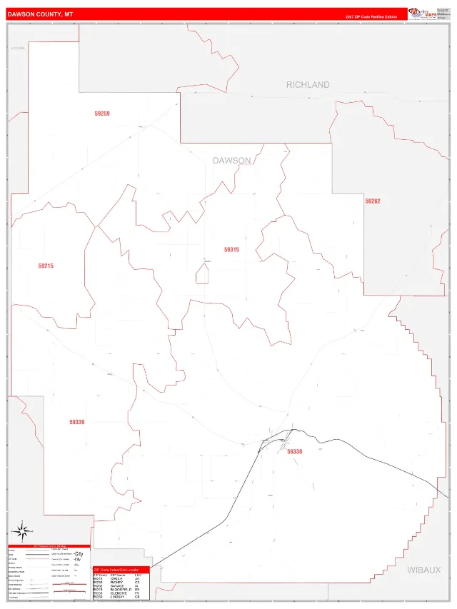 Dawson County, MT ZIP Code Wall Map, RedLine style