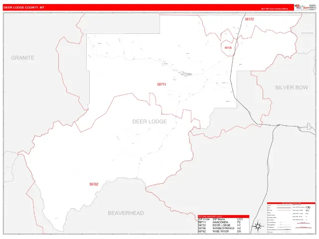 Deer Lodge County, MT ZIP Code Wall Map, RedLine style