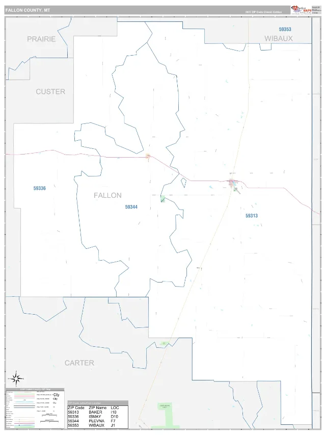 Fallon County, MT ZIP Code Wall Map, Classic style