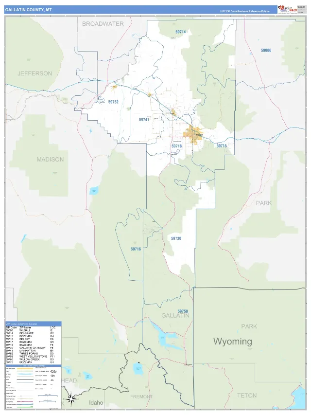 Gallatin County, MT ZIP Code Wall Map, Business Reference style