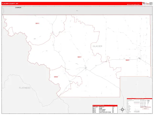 Glacier County, MT ZIP Code Wall Map, RedLine style