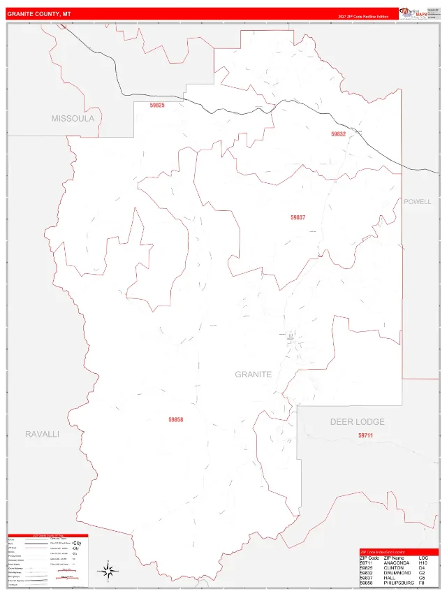 Granite County, MT ZIP Code Wall Map, RedLine style